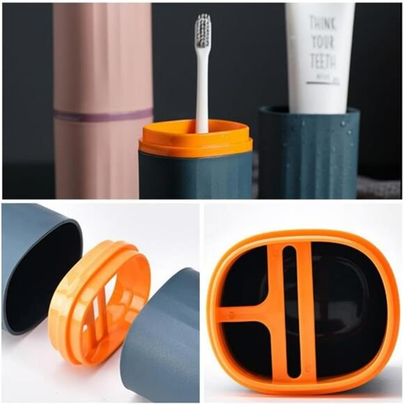 Travel toothbrush case holder set of 2 portable cups storage box pink and blue - Picture 4 of 7